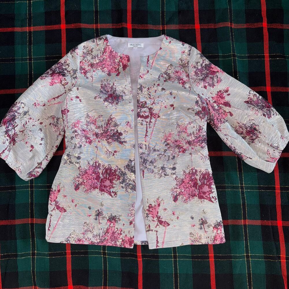 Minan Wong S Shimmery Silver Gray Evening Jacket Magenta Flower Pattern
